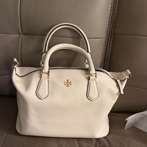 Tory Burch Handbags - Tory Burch Cream Pebbled Leather Satchel with Gold Logo Accent